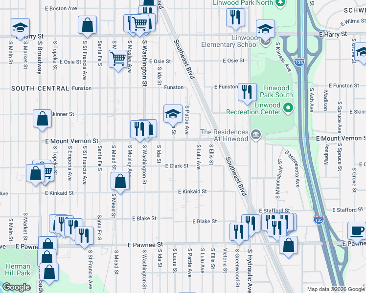 map of restaurants, bars, coffee shops, grocery stores, and more near 2017 South Pattie Street in Wichita