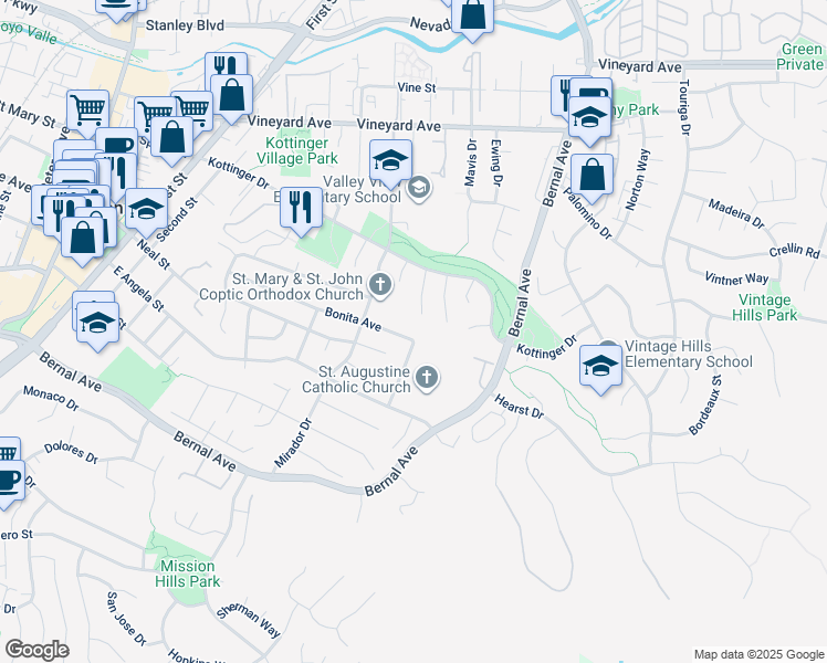 map of restaurants, bars, coffee shops, grocery stores, and more near 786 Bonita Avenue in Pleasanton