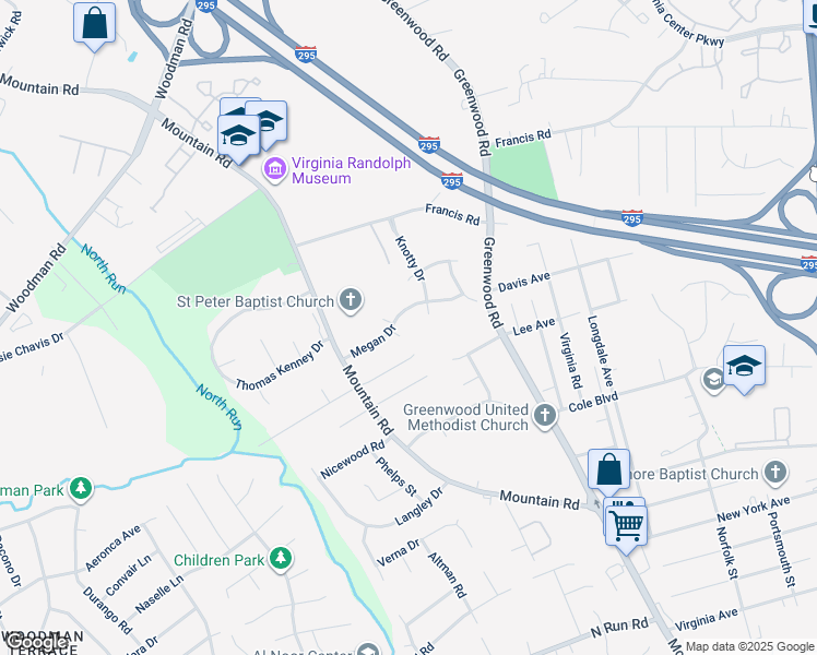map of restaurants, bars, coffee shops, grocery stores, and more near 8008 Megan Way in Glen Allen