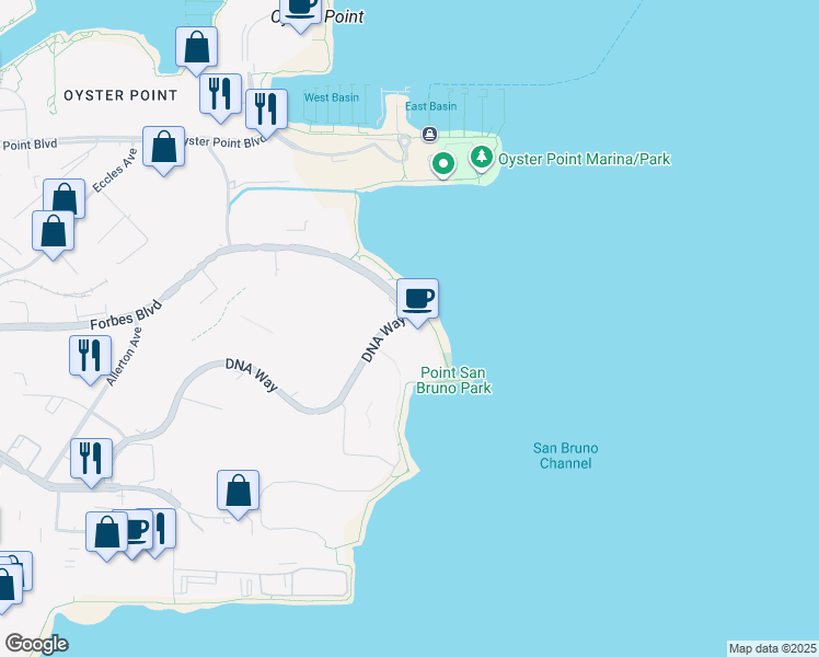 map of restaurants, bars, coffee shops, grocery stores, and more near 1 DNA Way in South San Francisco