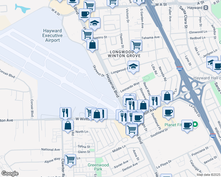 map of restaurants, bars, coffee shops, grocery stores, and more near 22693 Hesperian Boulevard in Hayward