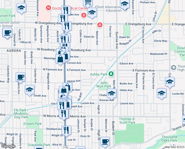 map of restaurants, bars, coffee shops, grocery stores, and more near 316 Patricia Lane in Modesto
