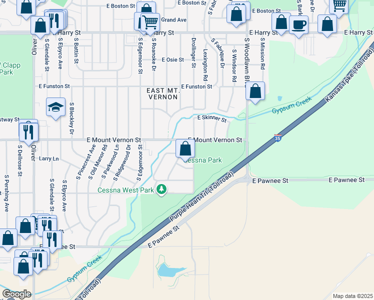 map of restaurants, bars, coffee shops, grocery stores, and more near 2048 Green Acres Street in Wichita