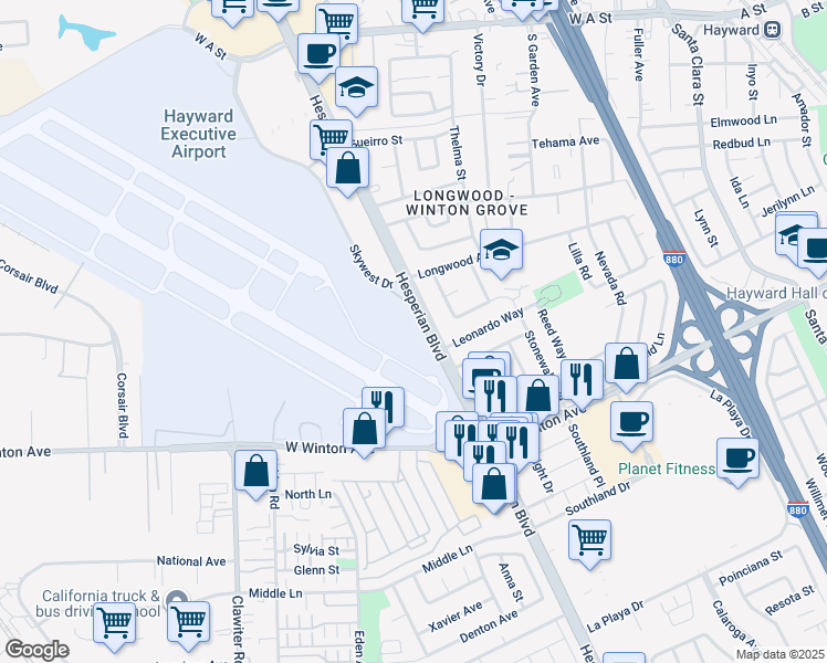 map of restaurants, bars, coffee shops, grocery stores, and more near 22693 Hesperian Boulevard in Hayward
