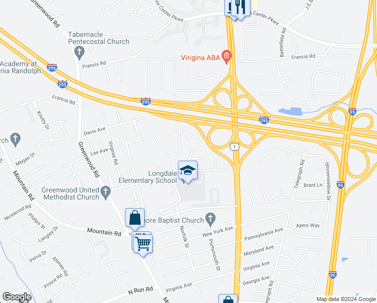 map of restaurants, bars, coffee shops, grocery stores, and more near 10124 Berrymeade Hills Terrace in Glen Allen