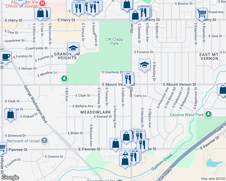 map of restaurants, bars, coffee shops, grocery stores, and more near 2038 S Pershing St in Wichita