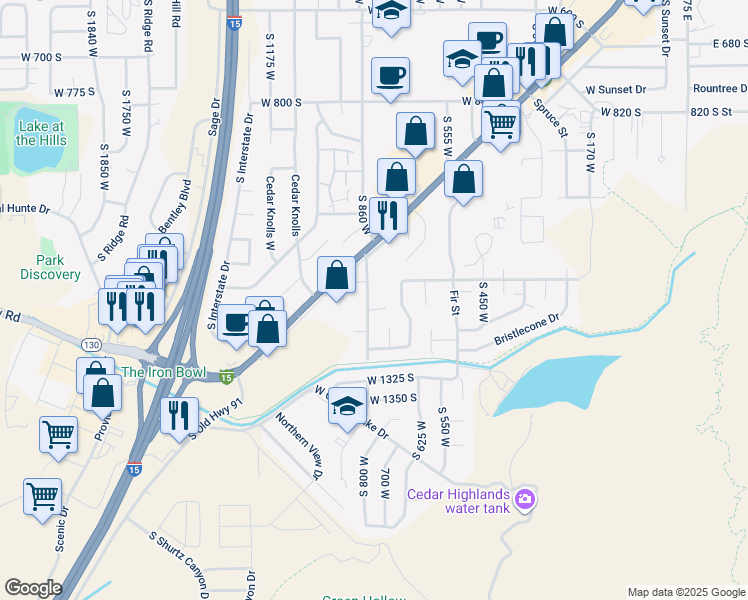 map of restaurants, bars, coffee shops, grocery stores, and more near 1247 Sundown Circle in Cedar City