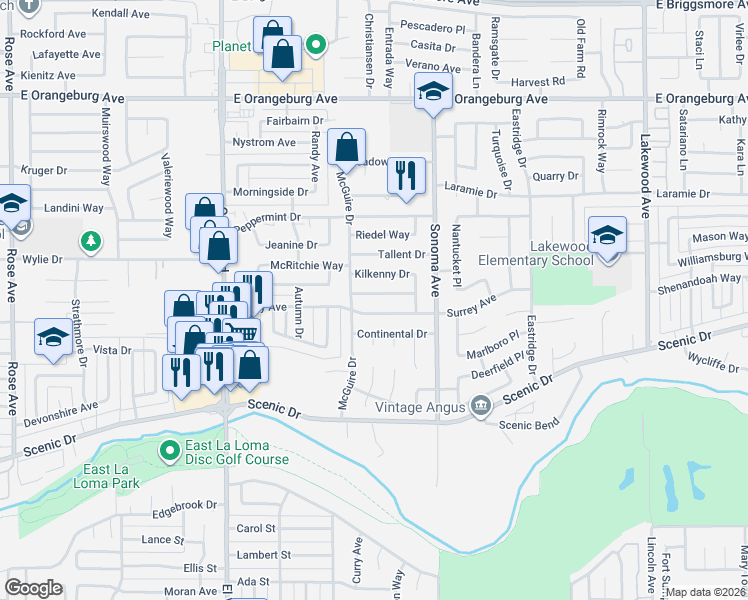 map of restaurants, bars, coffee shops, grocery stores, and more near 2424 Surrey Avenue in Modesto
