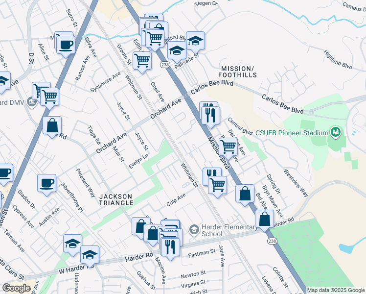 map of restaurants, bars, coffee shops, grocery stores, and more near 600 - 619 Berry Avenue in Hayward