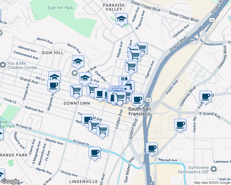 map of restaurants, bars, coffee shops, grocery stores, and more near 313 Miller Avenue in South San Francisco