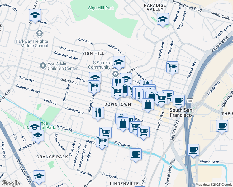 map of restaurants, bars, coffee shops, grocery stores, and more near in South San Francisco