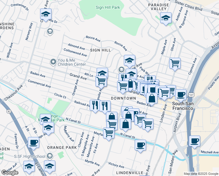 map of restaurants, bars, coffee shops, grocery stores, and more near 540 Baden Avenue in South San Francisco