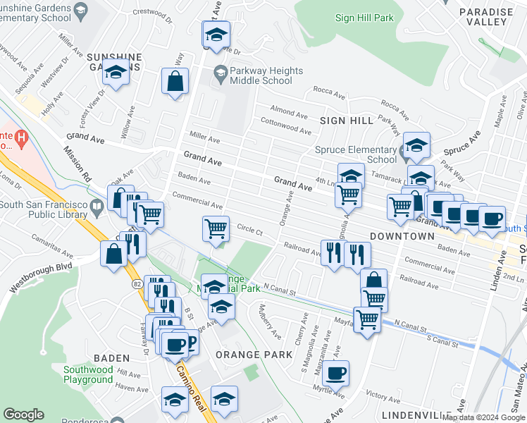 map of restaurants, bars, coffee shops, grocery stores, and more near 736 Circle Court in South San Francisco