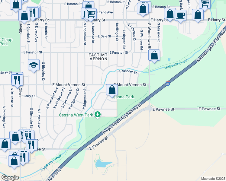 map of restaurants, bars, coffee shops, grocery stores, and more near 2048 Green Acres Street in Wichita