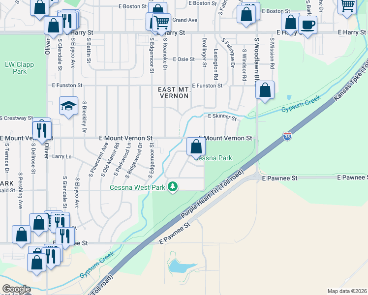 map of restaurants, bars, coffee shops, grocery stores, and more near 2114 South Wallace Street in Wichita