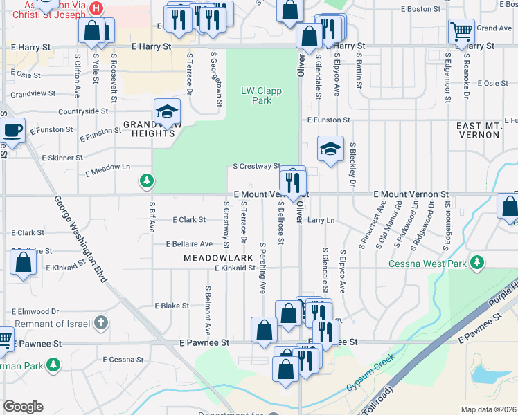 map of restaurants, bars, coffee shops, grocery stores, and more near 2038 S Pershing St in Wichita