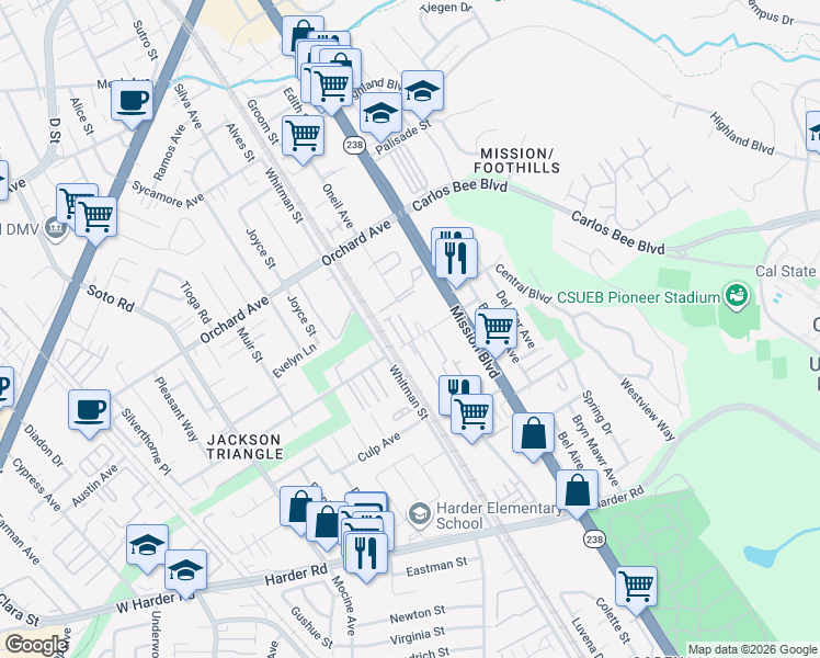 map of restaurants, bars, coffee shops, grocery stores, and more near 676 Berry Avenue in Hayward