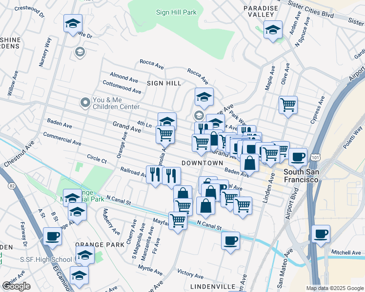 map of restaurants, bars, coffee shops, grocery stores, and more near 547 Grand Avenue in South San Francisco