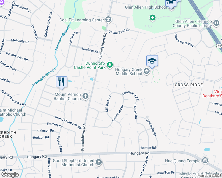 map of restaurants, bars, coffee shops, grocery stores, and more near 9102 Dunncroft Drive in Glen Allen