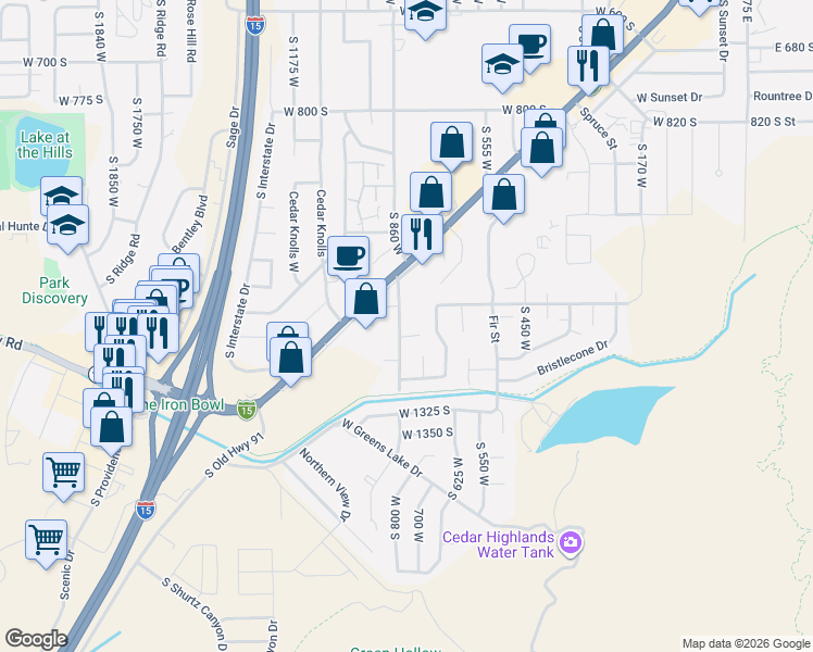 map of restaurants, bars, coffee shops, grocery stores, and more near 1201 South 860 West in Cedar City