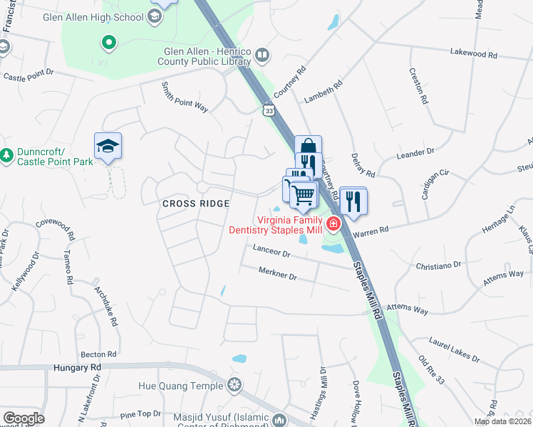 map of restaurants, bars, coffee shops, grocery stores, and more near 10200 Urbanna Court in Glen Allen