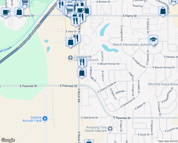 map of restaurants, bars, coffee shops, grocery stores, and more near 2054 South White Oak Drive in Wichita