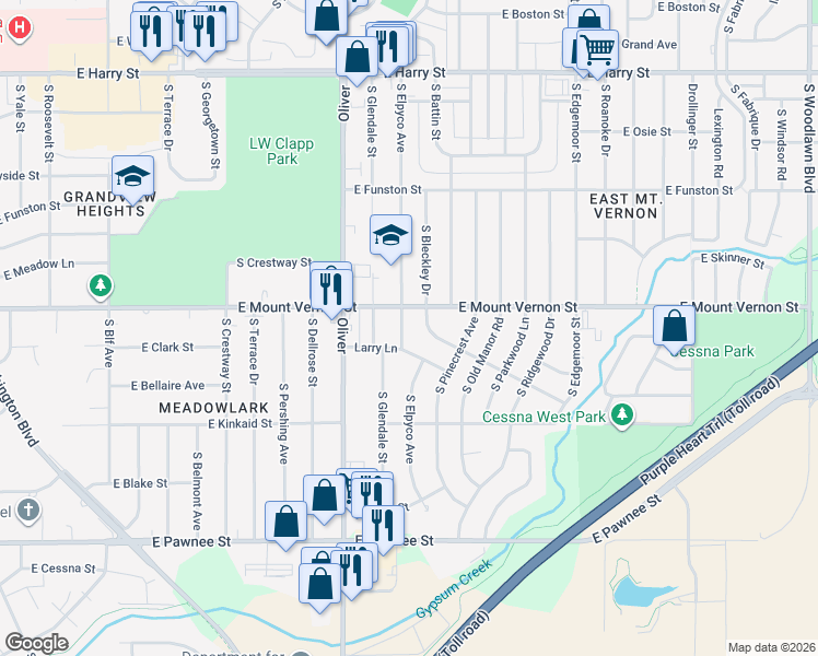 map of restaurants, bars, coffee shops, grocery stores, and more near 5021 Larry Lane in Wichita