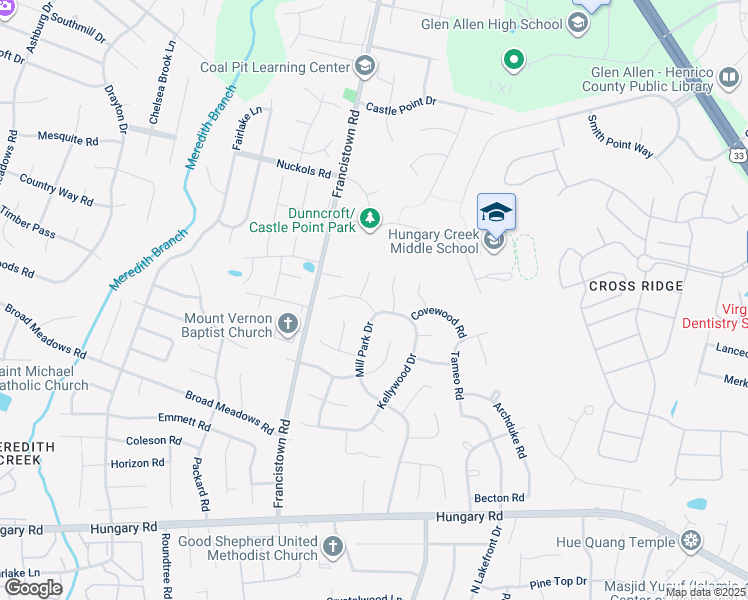 map of restaurants, bars, coffee shops, grocery stores, and more near 9102 Dunncroft Drive in Glen Allen