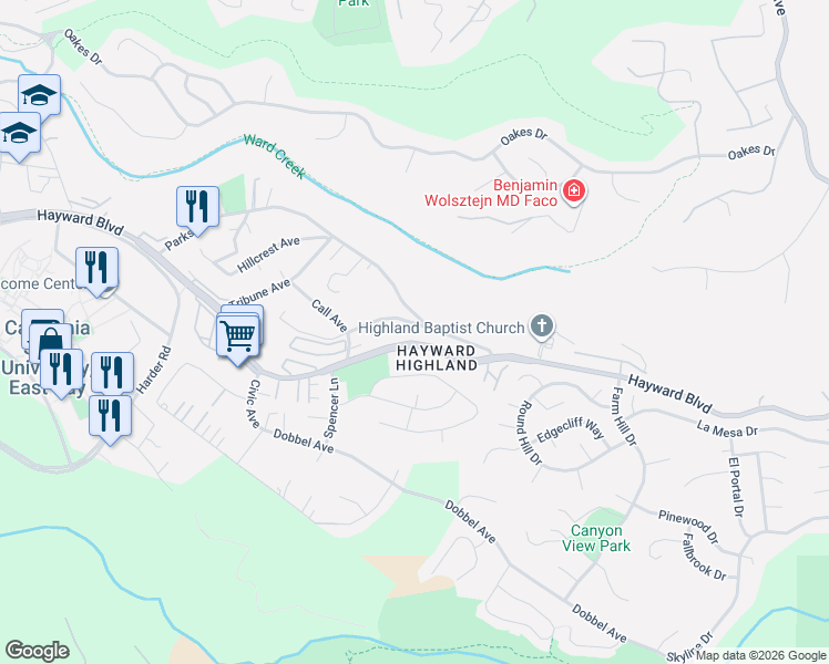 map of restaurants, bars, coffee shops, grocery stores, and more near 27188 Hayward Boulevard in Hayward
