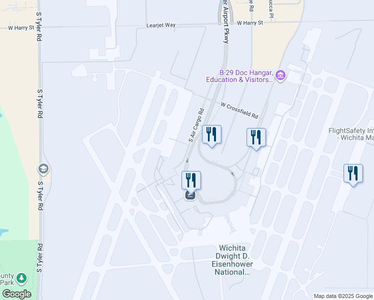 map of restaurants, bars, coffee shops, grocery stores, and more near 2277 Eisenhower Airport Parkway in Wichita