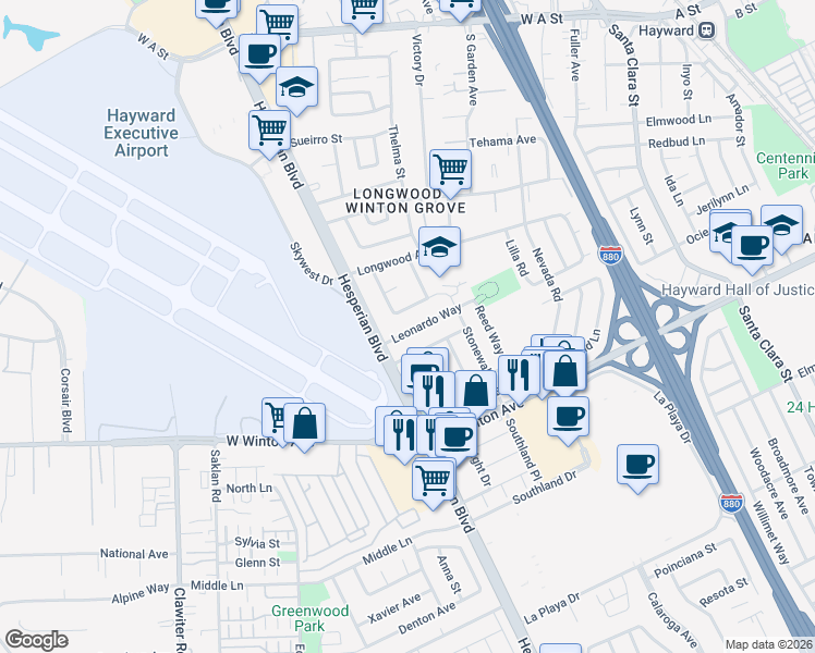 map of restaurants, bars, coffee shops, grocery stores, and more near 955 Leonardo Way in Hayward