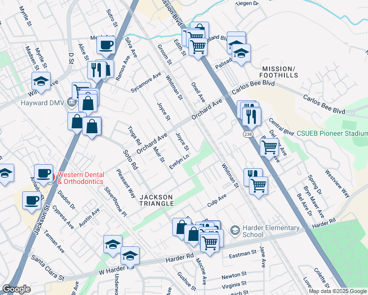 map of restaurants, bars, coffee shops, grocery stores, and more near 25069 Joyce Street in Hayward