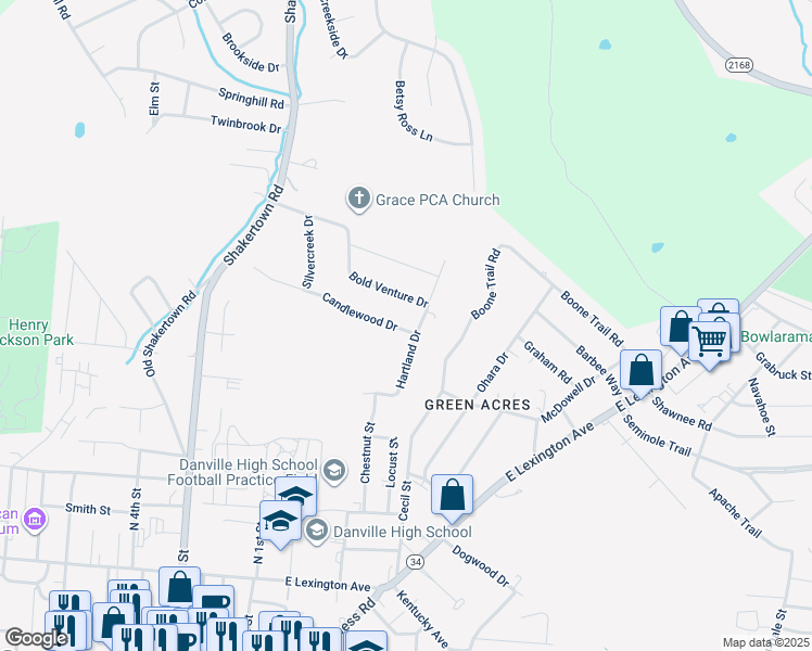 map of restaurants, bars, coffee shops, grocery stores, and more near 175 Candlewood Drive in Danville