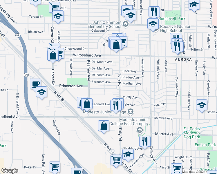 map of restaurants, bars, coffee shops, grocery stores, and more near 1329 Princeton Avenue in Modesto