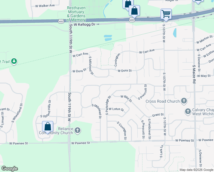map of restaurants, bars, coffee shops, grocery stores, and more near 2049 South Parkridge Street in Wichita