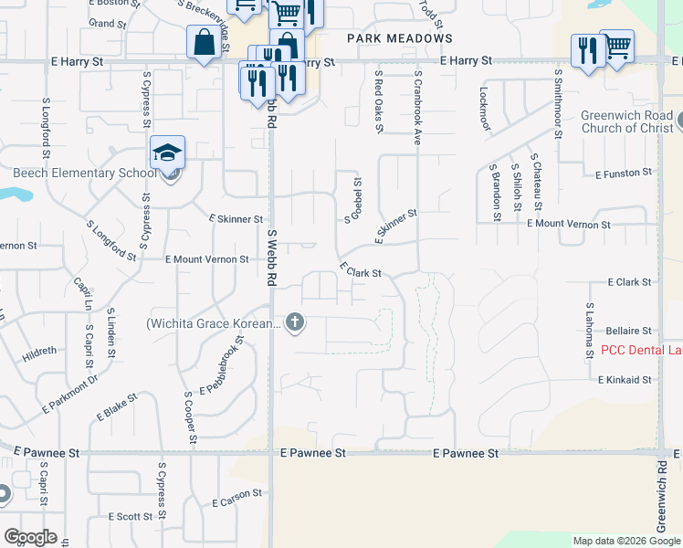 map of restaurants, bars, coffee shops, grocery stores, and more near Unnamed Road in Wichita