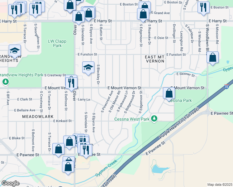 map of restaurants, bars, coffee shops, grocery stores, and more near 2019 South Old Manor Road in Wichita