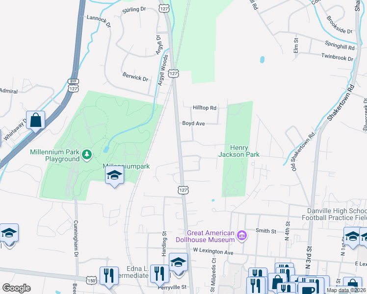 map of restaurants, bars, coffee shops, grocery stores, and more near 722 Maple Avenue in Danville