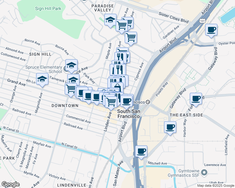 map of restaurants, bars, coffee shops, grocery stores, and more near 418 Linden Avenue in South San Francisco