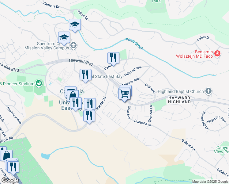 map of restaurants, bars, coffee shops, grocery stores, and more near 2437 Saint Helena Drive in Hayward