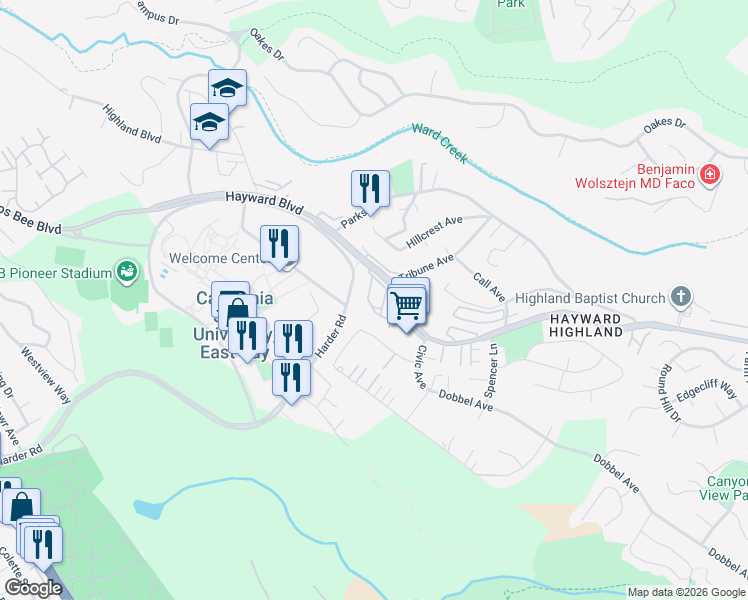 map of restaurants, bars, coffee shops, grocery stores, and more near 2410 Sebastopol Lane in Hayward