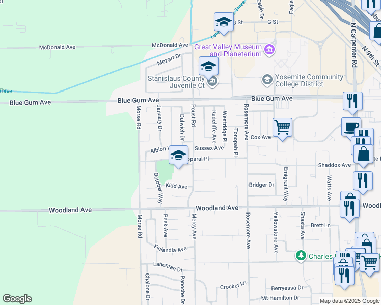 map of restaurants, bars, coffee shops, grocery stores, and more near 2505 Baylor Way in Modesto