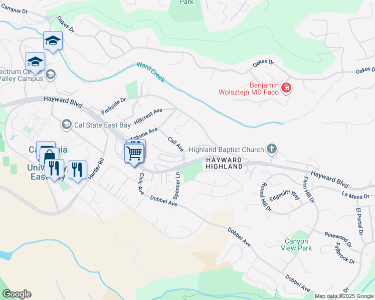 map of restaurants, bars, coffee shops, grocery stores, and more near Chronicle Avenue in Hayward
