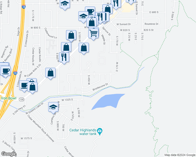 map of restaurants, bars, coffee shops, grocery stores, and more near 342 South Mountain View Drive in Cedar City