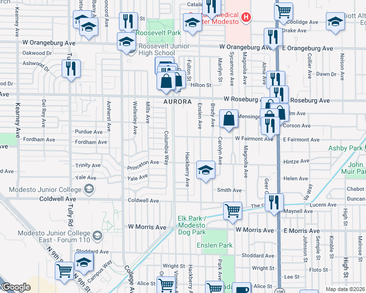 map of restaurants, bars, coffee shops, grocery stores, and more near 1001 Hackberry Avenue in Modesto