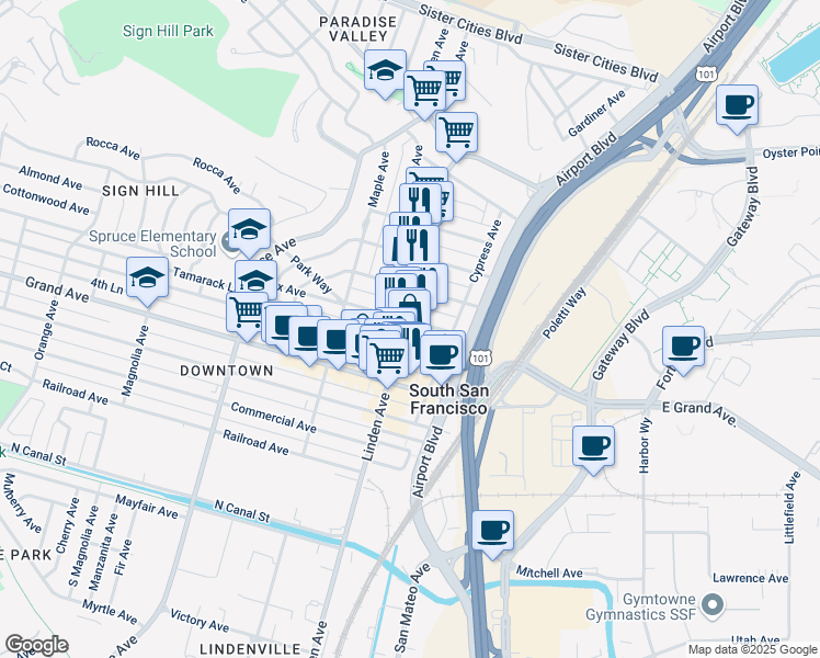 map of restaurants, bars, coffee shops, grocery stores, and more near 500 Linden Avenue in South San Francisco