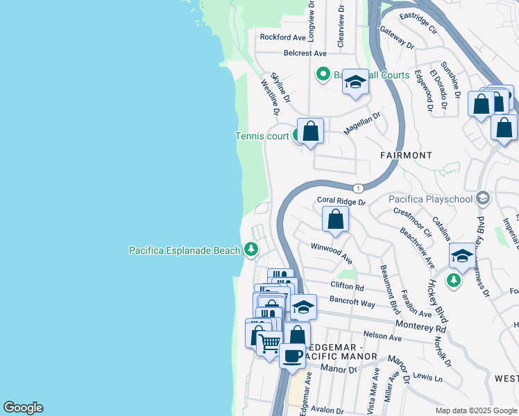 map of restaurants, bars, coffee shops, grocery stores, and more near 100 Palmetto Avenue in Pacifica