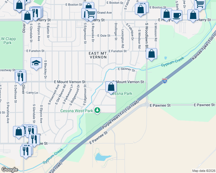 map of restaurants, bars, coffee shops, grocery stores, and more near 5821 East Mount Vernon Street in Wichita