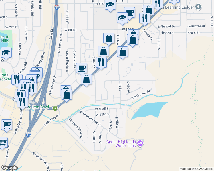 map of restaurants, bars, coffee shops, grocery stores, and more near 1177 South Mountain View Drive in Cedar City