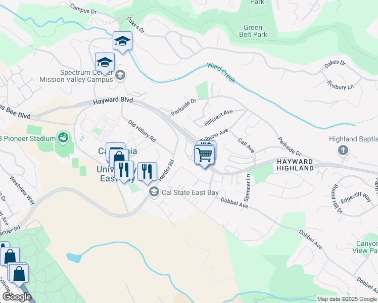 map of restaurants, bars, coffee shops, grocery stores, and more near 2485 Saint Helena Drive in Hayward